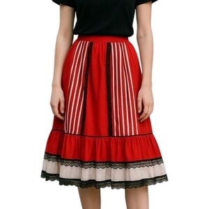 Vintage Red White Striped Lolita Gothic Midi Skirt Ruffle Lace Trim Circus S/M